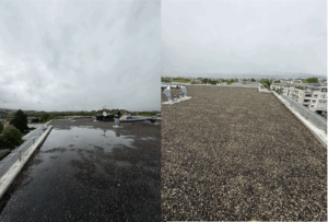 Comparaison avant/après d’un entretien de toit : à gauche, une accumulation d’eau sur la surface ; à droite, une toiture propre et bien drainée.