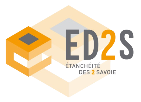 Logo de l'entreprise ED2S : carré à gauche représentant le bitume en orange et gris, avec 'ED2S' à droite en gris et orange, et 'Étanchéité des 2 Savoie' en dessous, en plus petit.