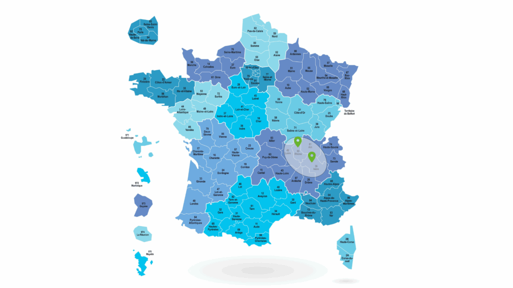 Image de la France avec les départements ou interviens Etancheite dauphinoise entourer