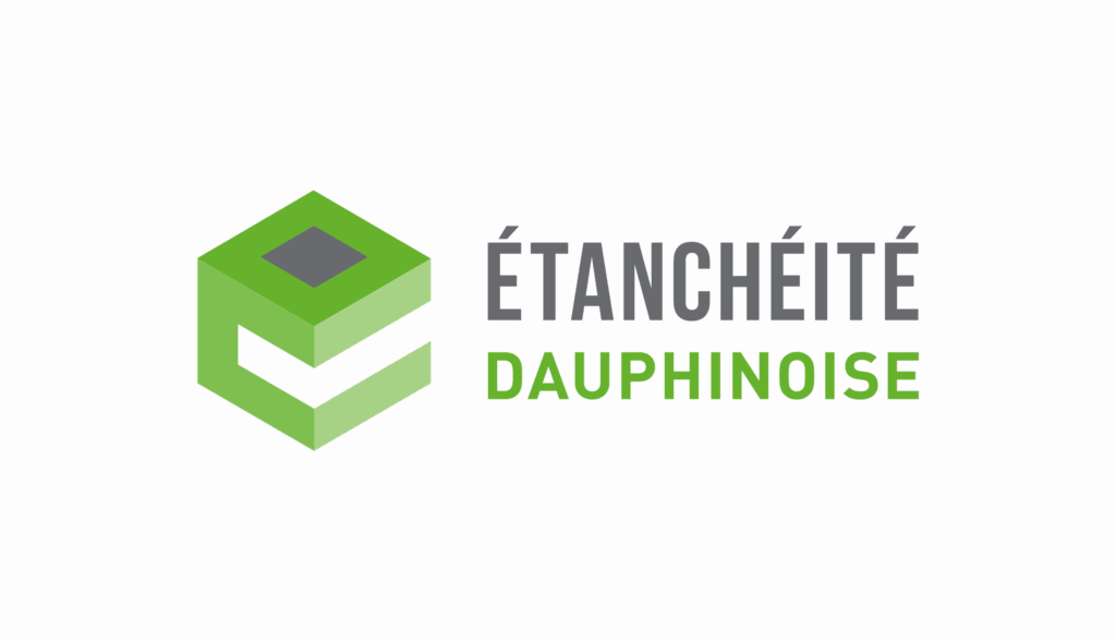 Logo de l'entreprise Etancheite dauphinoise : carré à gauche représentant le bitume en vert et gris, avec 'Etancheite dauphinoise' à droite en gris et vert.
