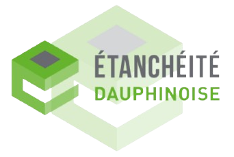 Logo de l'entreprise étanchéité dauphinoise : carré à gauche représentant l'étanchéité liquide en vert et gris, avec 'étanchéité dauphinoise' à droite en gris et vert.