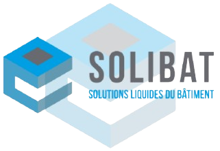 Logo de l'entreprise SOLIBAT : carré à gauche représentant l'étanchéité liquide en bleu et gris, avec 'SOLIBAT' à droite en gris et bleu, et 'Solution liquide du bâtiment' en dessous, en plus petit.