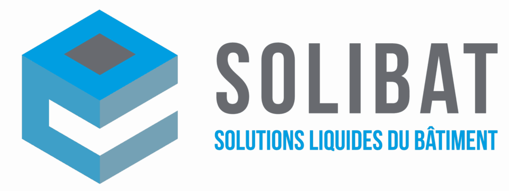 Logo de l'entreprise SOLIBAT : carré à gauche représentant le bitume en bleu et gris, avec 'SOLIBAT' à droite en gris et bleu, et 'solution liquide du batiment' en dessous, en plus petit. demande de devis